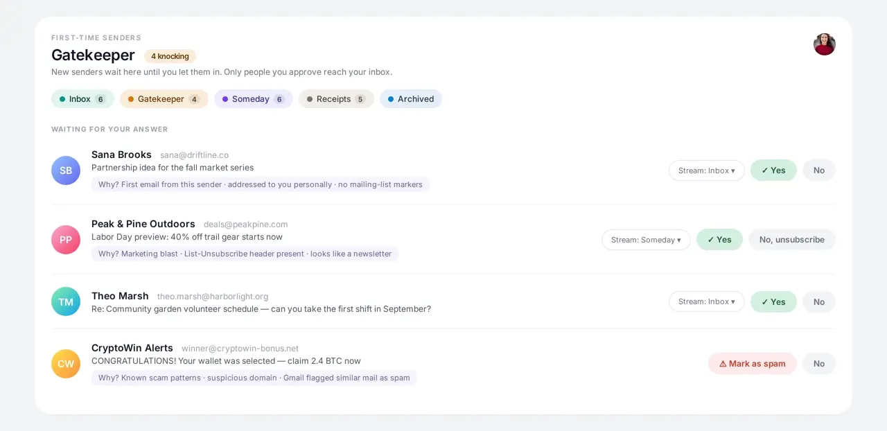 Gatekeeper showing a new sender with Yes, Yes then archive, No block, and unsubscribe options
