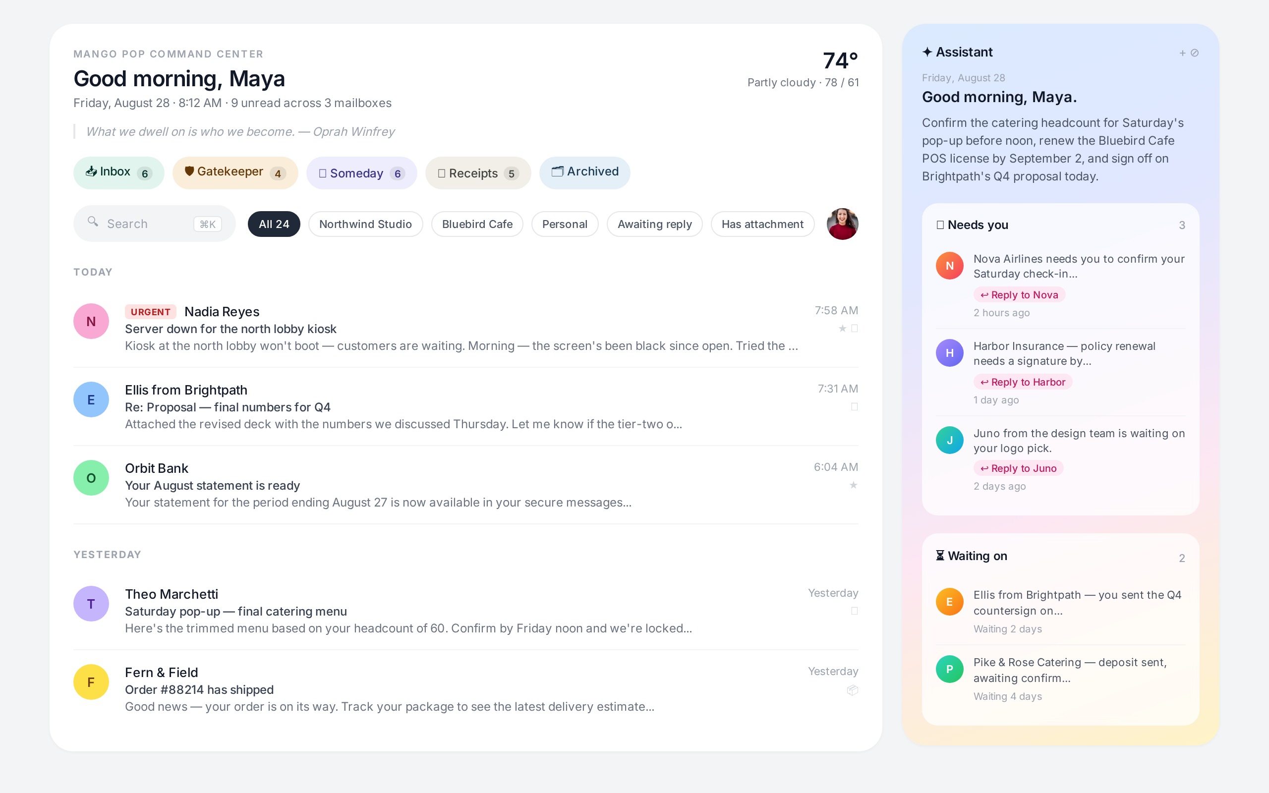 Mango Pop inbox showing approved senders, stream pills, and an urgent thread