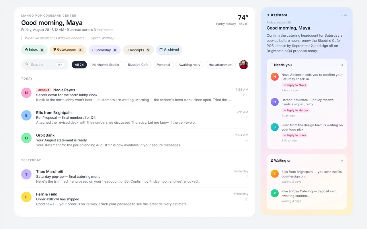 Mango Pop inbox showing approved senders, stream pills, and an urgent thread