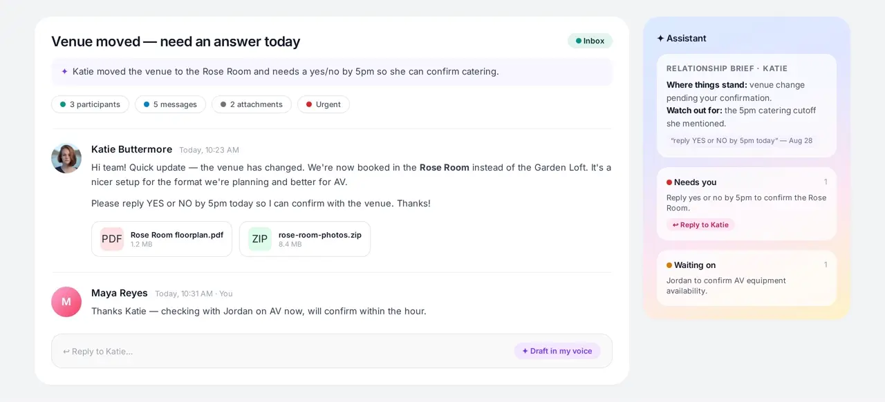 Thread view with AI summary, attachment index, and assistant sidebar